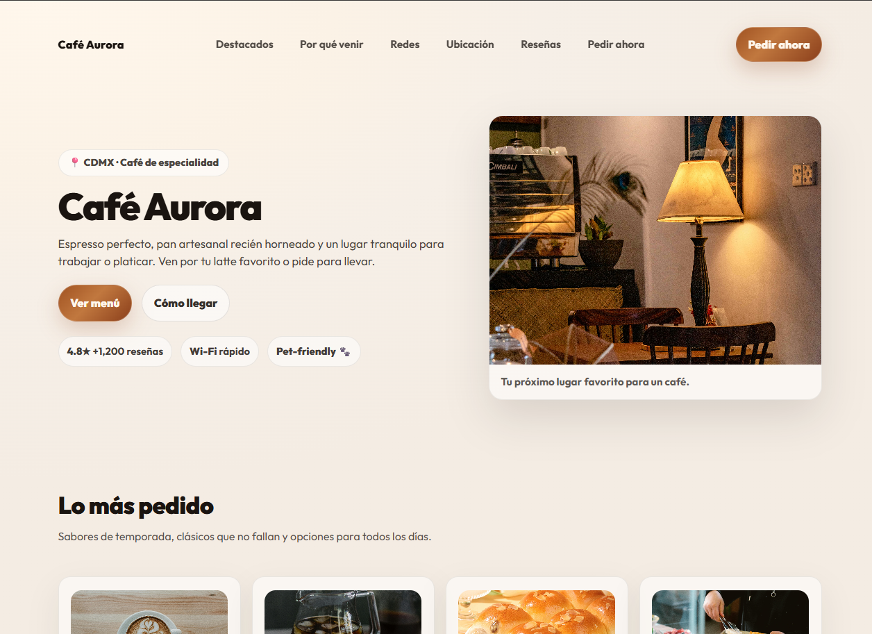 Vista previa de la landing de cafetería